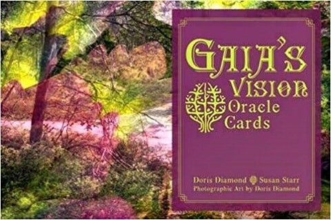 Oracle kortos "Gaia's Vision" purpurinėje dėžutėje, komplektas su fotografiniu miško meno fone