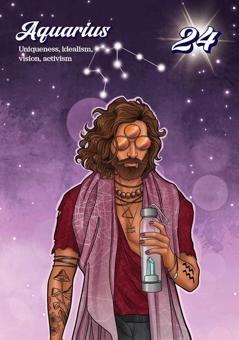 Akvariuso zodiako korta violetiniame fone su bohemišku vyru, kristalo gertuve ir trimis akiniais antkinu, unikali variantė galerijoje