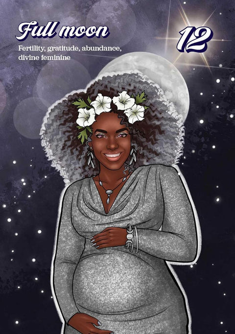 tarot korta Full Moon (12) – sidabrinė nėščios moters iliustracija, simbolizuojanti vaisingumą, dėkingumą ir moteriškumą