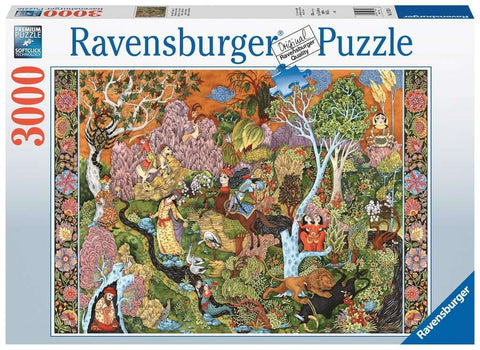 Dėlionė Ravensburger 3000 d. su spalvingu persiško stiliaus sodu ir pakuotės priekiu, akcentuota logotipu