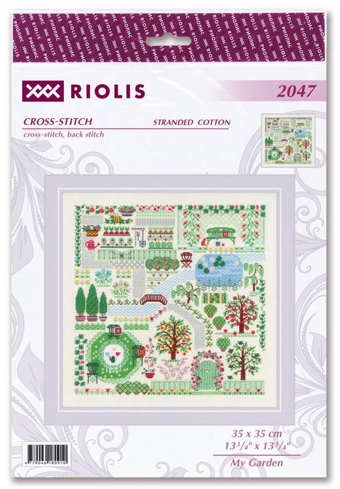 Kryželių rinkinys Riolis My Garden, 35×35 cm komplektas su spalvotu sodu pakuotėje, priekinė pusė