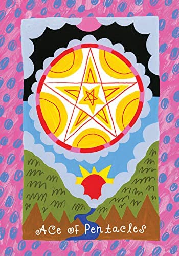 Pentaklių tūzas (tarot korta) pilna priekinė iliustracija su ryškiu geltonu žvaigždės simboliu ir rožiniu margintu kraštu