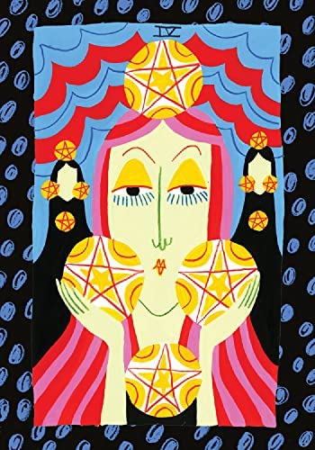 tarot korta su geltonais pentakliais ir rožiniais bei mėlynais geometriniais raštais, puikiai tinkanti sienai