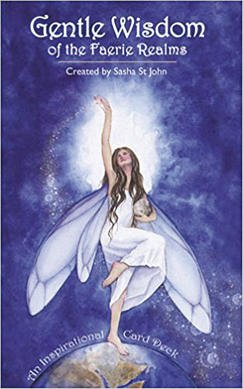 Orakulo kortų kaladė Gentle Wisdom of the Faerie Realms, purpurinis dangtelis su sparnuota fėja, laikanti kristalą ir autorės vardu
