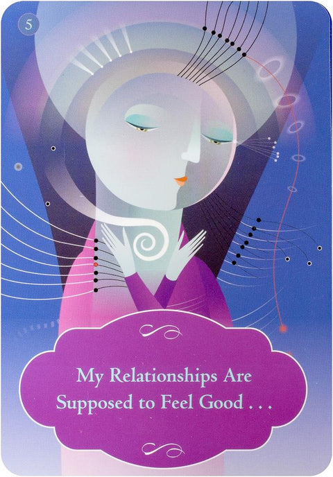 Orakulo korta violetinė, pastelinė moters iliustracija su anglišku užrašu „My Relationships Are Supposed to Feel Good...“ skirta santykių įžvalgoms