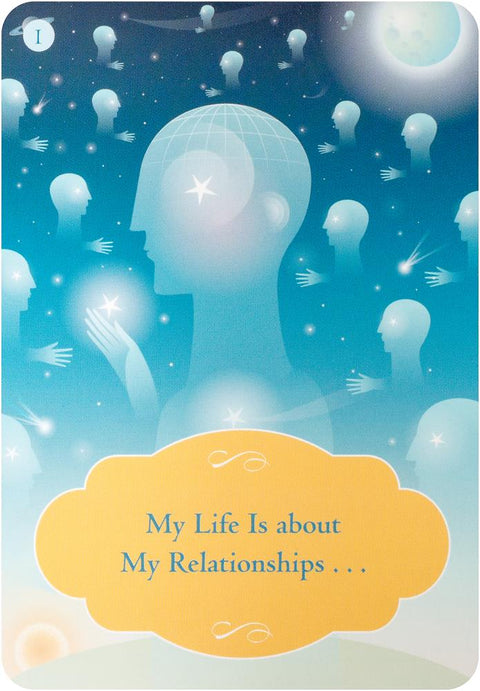 Orakulo korta su mėlynu fonu ir plaukiojančiais žmogaus siluetais, geltonu etiketės laukeliu My Life Is about My Relationships