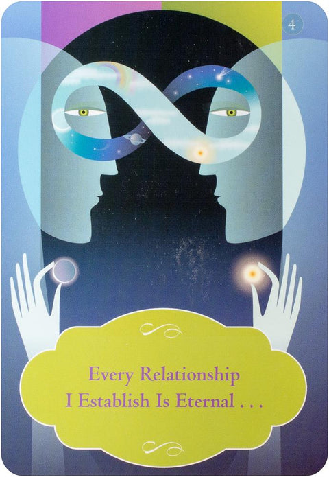tarot korta su begalybės simboliu tarp dviejų profilių, mėlyno‑violetinė paletė ir užrašas apie amžiną ryšį
