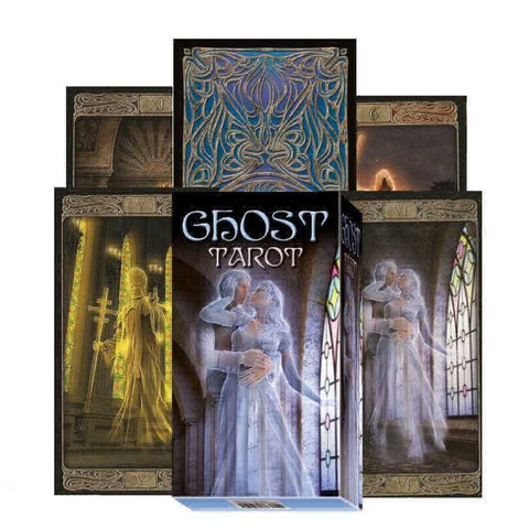 Ghost Tarot taro kortos komplektas su mėlyna ornamentuota dėžute ir atverstomis pavyzdinėmis kortomis, priekinė pusė katalogui