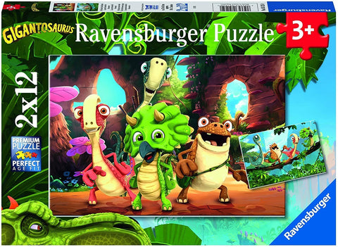 Dėlionė Ravensburger Gigantosaurus 2×12 detalių, ryškios keturios dinozauro figūros ant dėžutės priekio