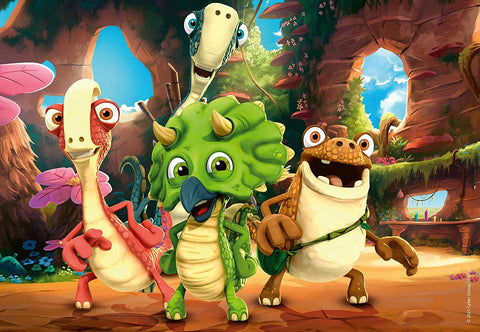 Dėlionė su spalvingais animaciniais dinozaurais — žalias triceratopas priekyje ir džiugūs draugai uolos fone