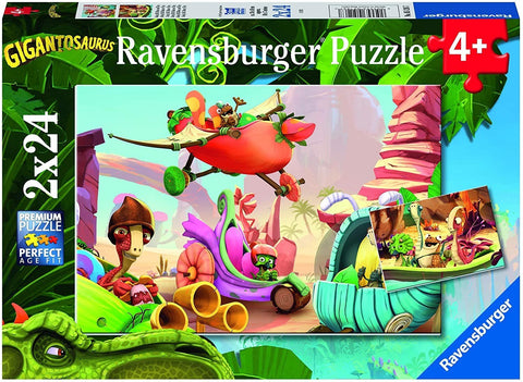 Dėlionė Ravensburger 2x24 dalys su spalvingu Gigantosaurus piešiniu vaikams nuo 4 m., dėžės priekinė pusė