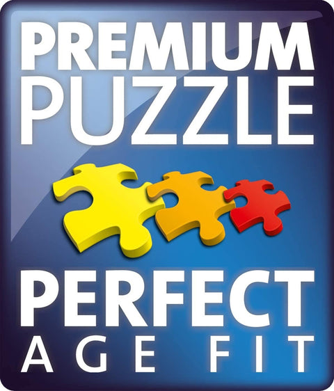 Dėlionė Premium Perfect Age Fit – pakuotės priekinis dizainas mėlyname fone su geltonomis, oranžinėmis ir raudonomis detalėmis