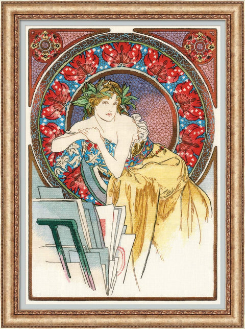 Paveikslas Art Nouveau stiliaus moteris su geltona suknele viduryje raudonai‑mėlyno gėlių žiedo, šviesus auksinis rėmas