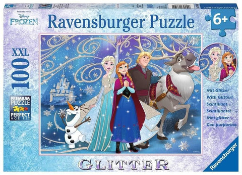 Dėlionė Ravensburger 100 dalių XXL su blizgučiais, Disnejaus Frozen personažais Elsa, Ana, Olaf ir Sven, tinkama nuo 6 metų