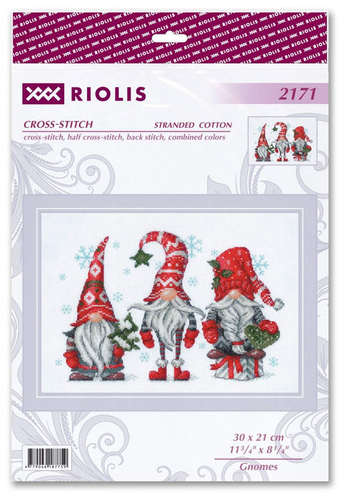 Kryželių rinkinys Riolis, 30×21 cm — trys Kalėdiniai nykštukai su raudonomis kepurėmis ant baltos drobės