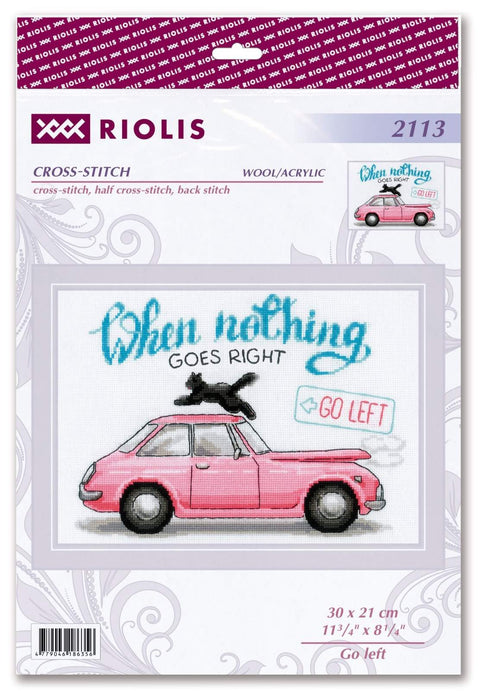 Kryželių rinkinys Riolis 30×21 cm — rožinis automobilis su katinu ant stogo ir užrašu „Go Left“