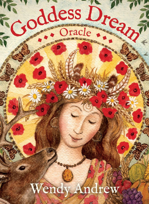 Oracle kortos "Goddess Dream" – Wendy Andrew viršelis su deivės portretu vainike iš aguonų, elniu šone ir šiltomis geltonomis spalvomis, artimas planas