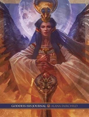 Goddess Isis dienoraštis su aukso ir mėlynu iliustruotu viršeliu, Isis figūra laiko skarabeją, autorė Alana Fairchild