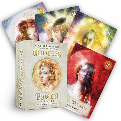 Goddess Power orakulo kortos, 52 kortų rinkinys su dėžute ir vadovėliu, fanuotos spalvingos dievybių iliustracijos