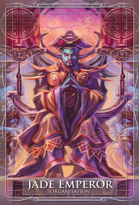 Plakatas Jade Emperor, violetinė‑rožinė su auksiniais akcentais, stambus imperatoriaus portretas su ornamentiniu rėmu, skirtas sienai