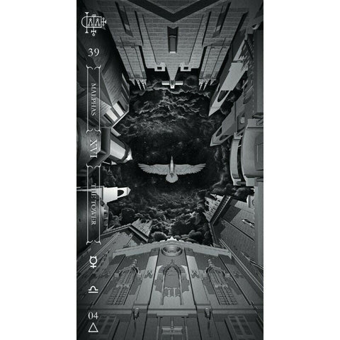 Tarot korta The Tower — juodai balta iliustracija iš apačios į dangų su skraidančiu paukščiu ir gotikiniais pastatais