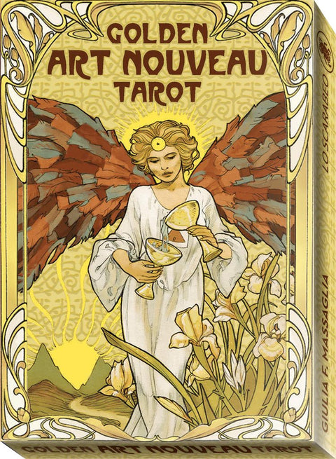 tarot kortos Golden Art Nouveau, auksinės dėžutės priekinis dizainas su angelu, besišlakstančiomis taurėmis ir gėlių ornamentais