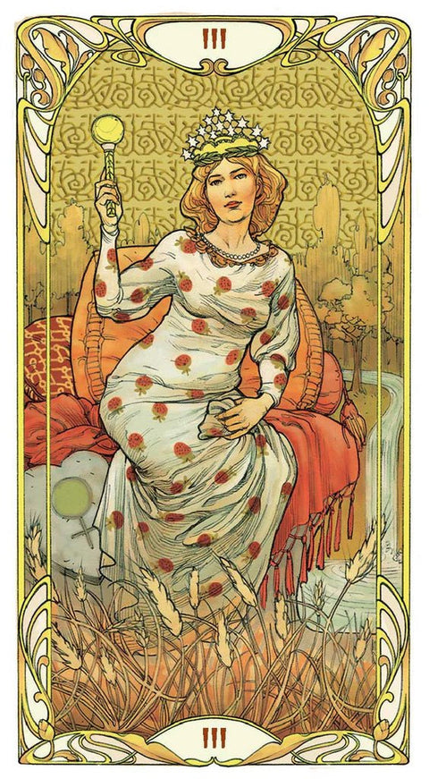 tarot korta Imperatorė, Art Nouveau iliustracija: karūnuota moteris su skeptru ir gausia javų bei gamtos simbolika