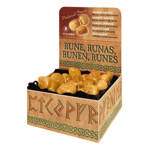 Rūnos iš auksinio kvarco, komplekte keliolika raižytų akmenų dėžutėje su keltų raštais, pardavimo stende