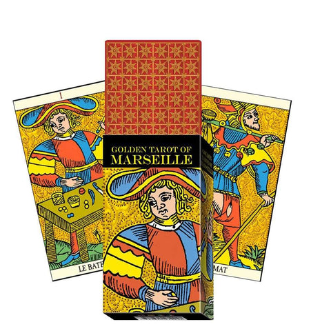 Tarot kortos Golden Tarot of Marseille dėžutė aukso-raudona, pristatomas pakuotės priekinis vaizdas su dviem pavyzdinėmis kortomis