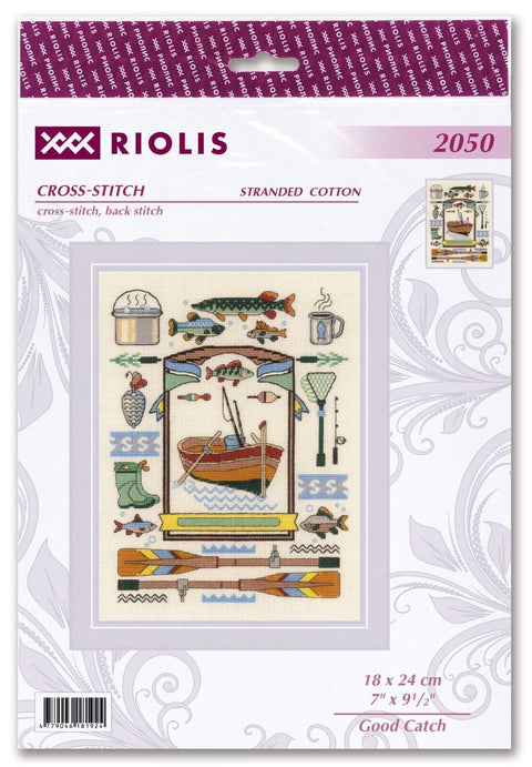 Kryželių rinkinys Riolis 18×24 cm su valtimi ir žvejybiniais motyvais, pakuotėje parodytas baigtas dizainas