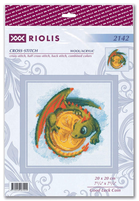 Kryželių rinkinys Riolis, žalias–raudonas drakonas ant aukso monetos, komplektas 20×20 cm pakuotėje