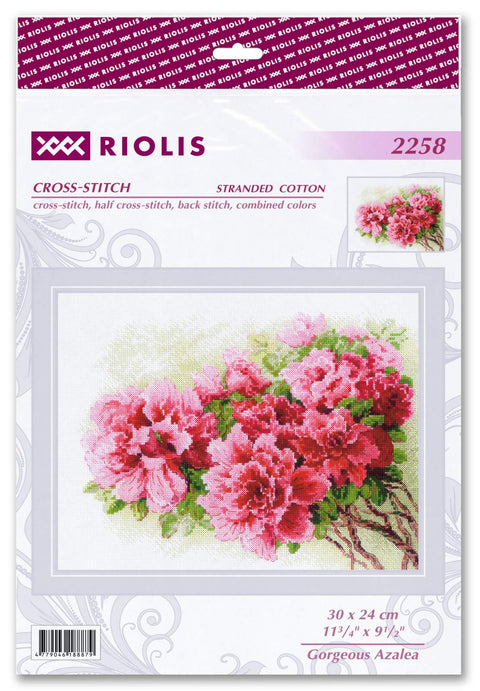 Kryželių rinkinys Riolis Gorgeous Azalea, 30×24 cm, rožinių ir raudonų azalijų motyvas ant pakuotės, skirtas namų dekorui