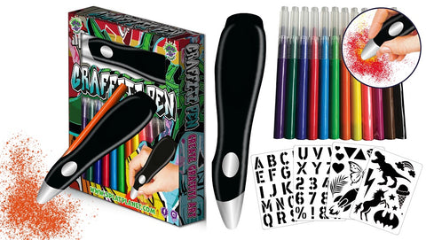 Splat Planet grafiti rašiklis vaikams – USB įkraunamas aerografas audiniams, skalbomas rinkinys su 12 flomasterių ir trafaretais