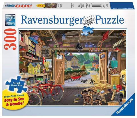 Dėlionė Ravensburger 300 detalių, didelių detalių formatas, pakuotės priekinė dalis su spalvinga garažo scena