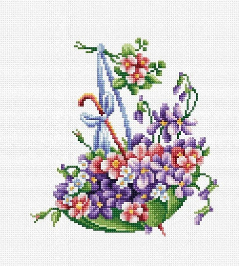 Kryželių siuvinėjimo rinkinys: spalvotas skėčio ir gėlių motyvas su violetinėmis, rožinėmis ir žaliomis siūlų spalvomis, apie 25×30 cm