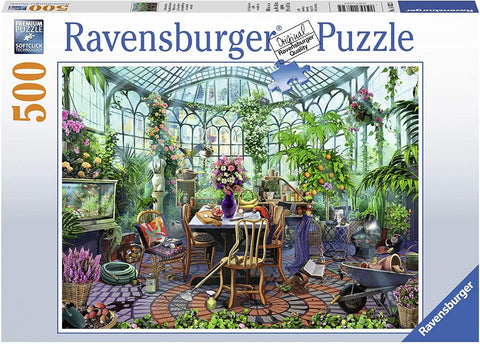 Dėlionė Ravensburger 500 detalių – šiltnamio interjeras su augalais, baldais ir sodininko įrankiais, pakuotės priekinė dalis