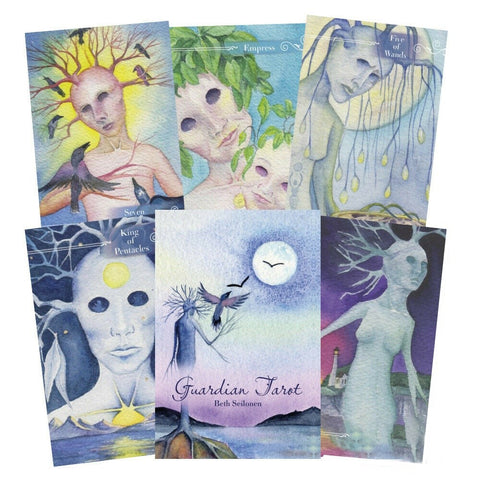 Tarot kortos Guardian Tarot (Beth Seilonen) akvarelinis rinkinio priekinis viršelis ir šeši sapnų motyvų, paukščių ir mėnulio iliustruoti pavyzdžiai