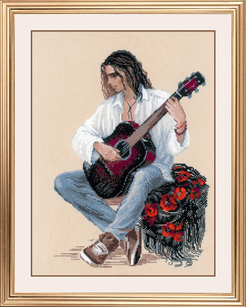 kryželiu siuvinėtas paveikslas sėdinčio gitaristo su juodai-raudona gitara ir raudonomis gėlėmis aukso rėme