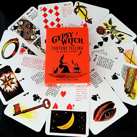 Spėjimo kortos Gypsy Witch su ryškiai oranžine dėžute centre ir išskleistais iliustruotais kortų simboliais