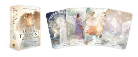 Orakulo kortos Divine Feminine Archangel – dėžutė su priedėliu ir keturios pastelinės angelų iliustruotos kortos, išdėstytos vėduokle priekinio kampo