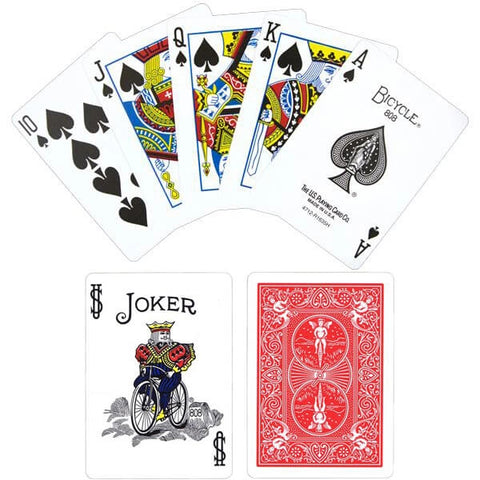 Bicycle kortos, raudonos nugarėlės, išskleistas pikų ventiliatorius su tūzu, karaliumi, dama ir joker