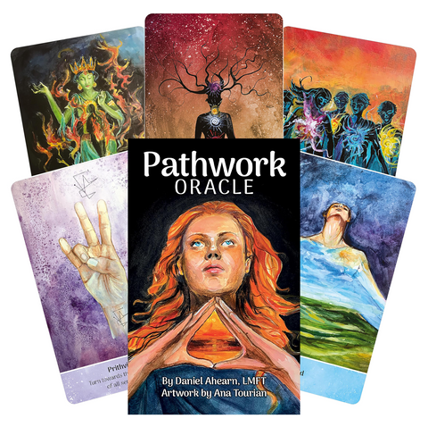 Pathwork Oracle kortų rinkinys su Ana Tourian ryškiu viršeliu ir išskleistomis iliustruotomis, spalvotomis kortomis
