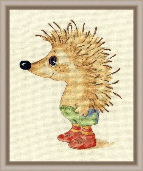 Siuvinėtas ežys ant smėlinio audinio, rėmuotas 30×40 cm dekoratyvinis piešinys profiline kompozicija vaikų kambariui