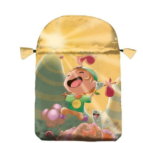 Maišelis su raišteliais, geltonu fonu ir linksma vaikų iliustracija priekinėje pusėje, mažas dydis