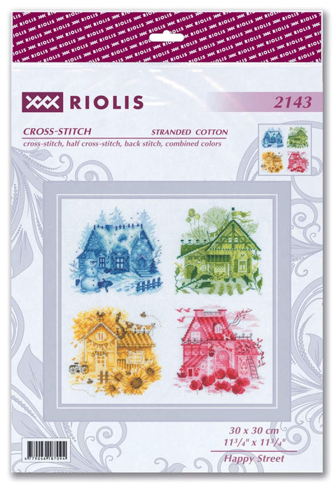 Kryželių rinkinys Riolis 2143, 30×30 cm, pakuotėje keturi sezoniniai nameliai mėlyna, žalia, geltona ir raudona spalvos