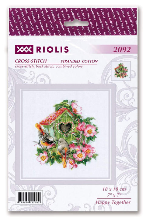 Kryželių rinkinys Riolis 18×18 cm — paukščių namelis su rožėmis, komplekte siūlai ir schema