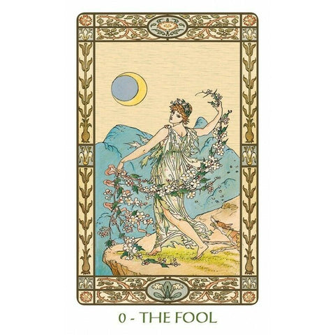 Tarot korta The Fool — vintage stiliaus ornamentuota riba ir šokanti figūra su žydinčiomis girliandomis