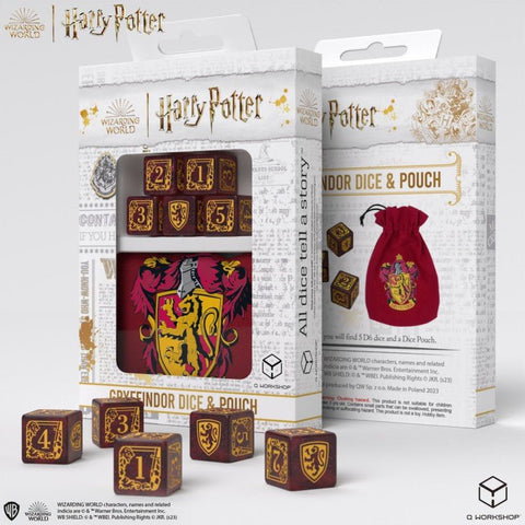 Gryffindoro kauliukų rinkinys su penkiais bordo kauliukais ir raudonu aksominiu maišeliu, auksinėmis herbo detalėmis
