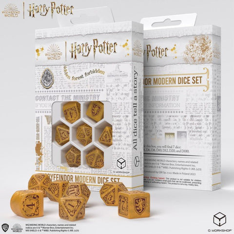 Harry Potter Gryffindor kauliukų rinkinys, auksiniai žaidimų kauliukai (7 vnt.) su herbo raštais ir langeliu pakuotėje