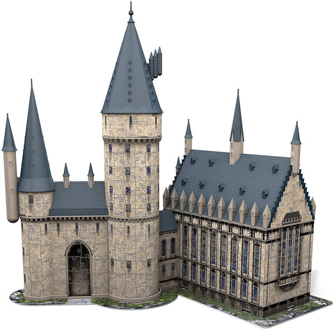 3D dėlionė pilis surinkta iš akmens tekstūros kortelių su melsvais stogais, rodoma iš priekio ir šono